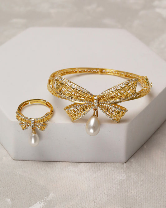 Pearl Bow Luxe Cuff & Ring Set – 925 Silver