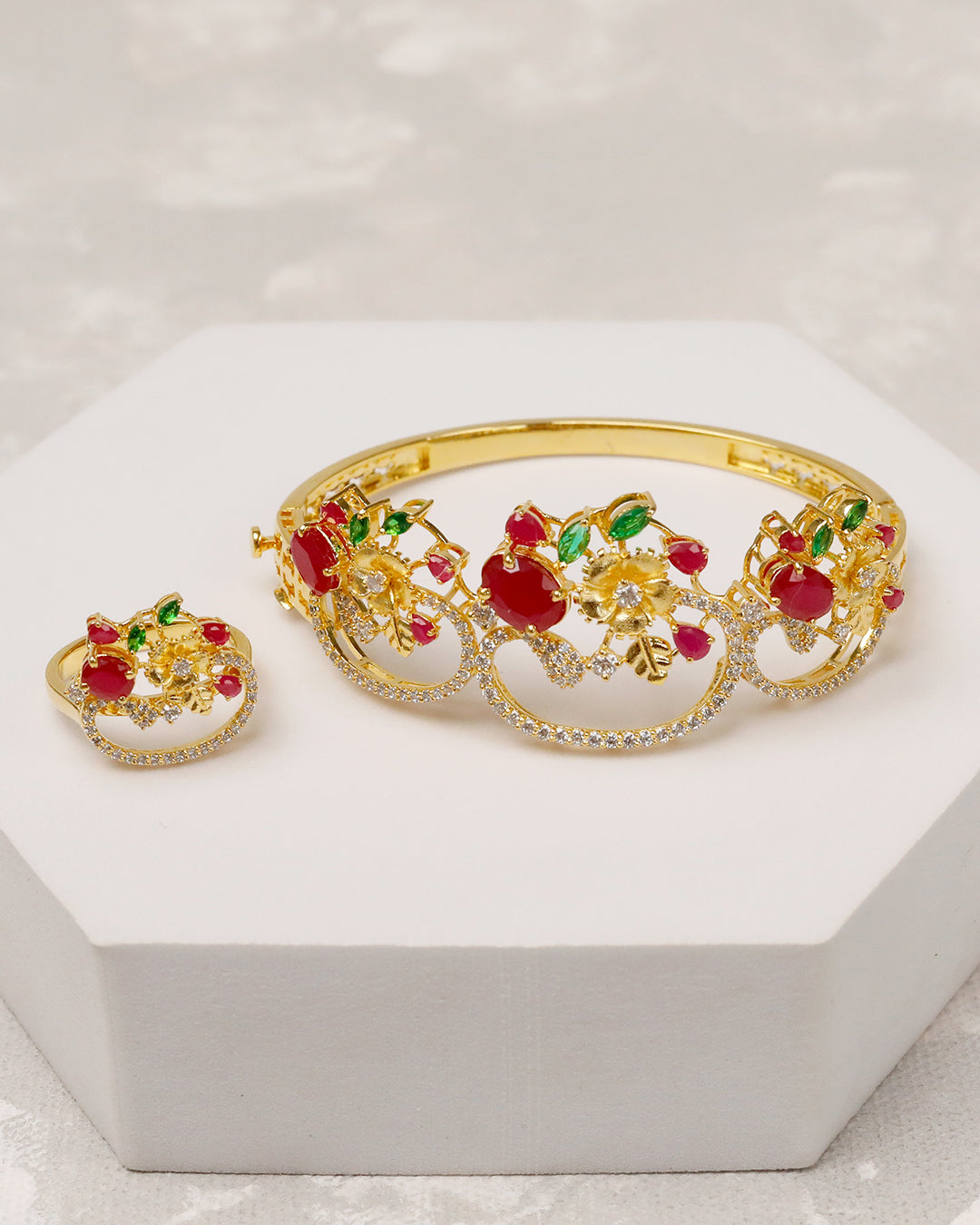 Ruby Garden Floral Cuff & Ring Set – 925 Silver