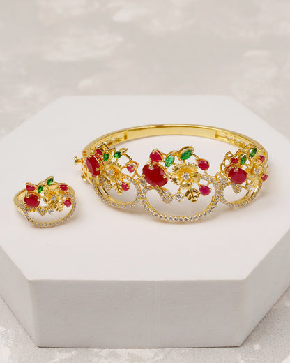 Ruby Garden Floral Cuff & Ring Set – 925 Silver