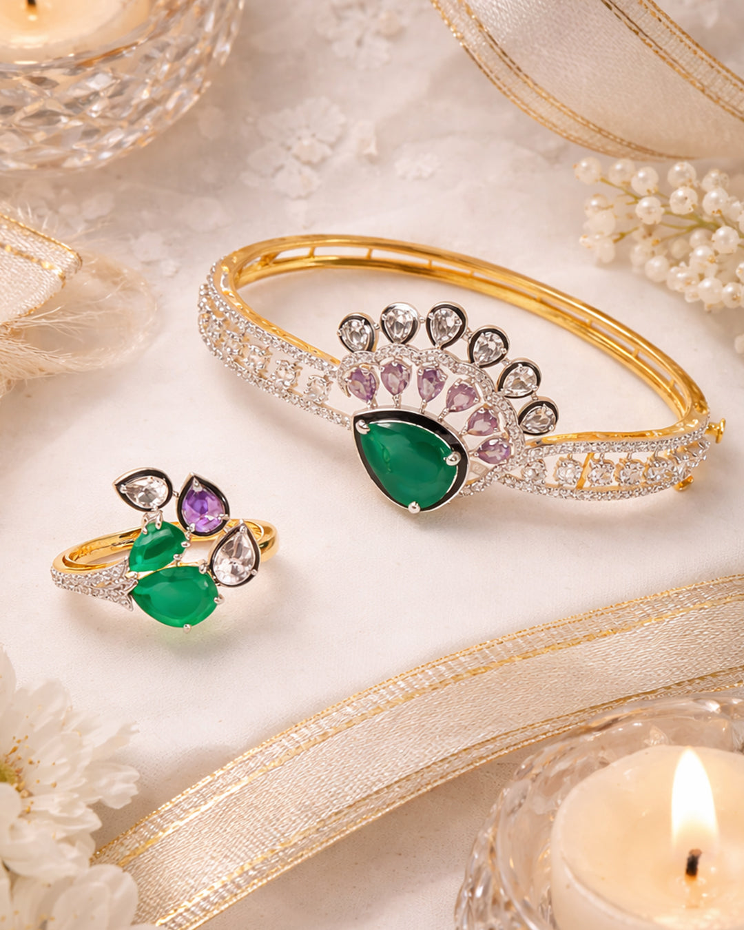 Zehra Emerald Bloom CZ Cuff & Ring Set – 925 Silver