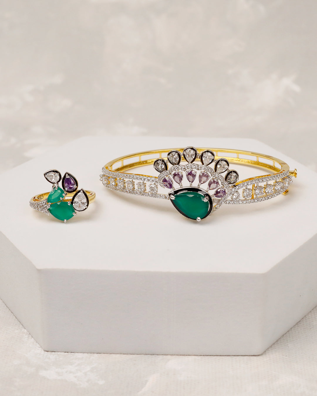 Zehra Emerald Bloom CZ Cuff & Ring Set – 925 Silver
