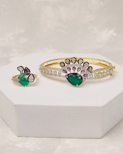 Zehra Emerald Bloom CZ Cuff & Ring Set – 925 Silver