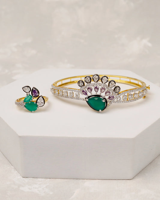 Zehra Emerald Bloom CZ Cuff & Ring Set – 925 Silver