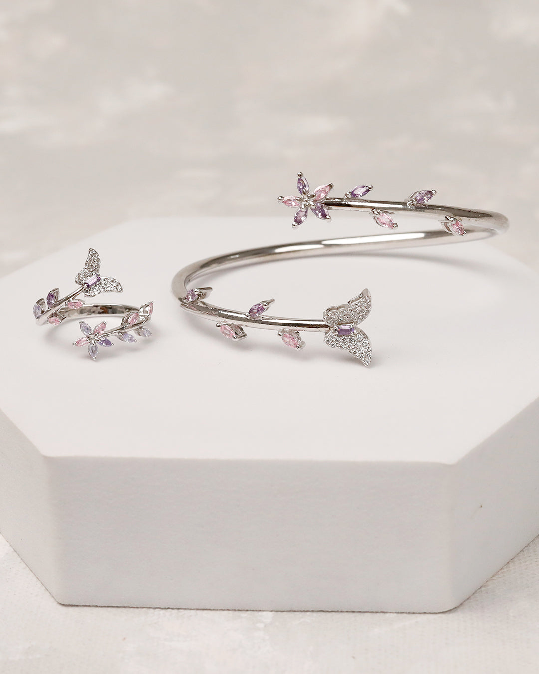 Pastel Butterfly CZ Flexi Cuff & Ring Set – 925 Silver