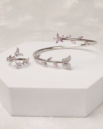 Pastel Butterfly CZ Flexi Cuff & Ring Set – 925 Silver