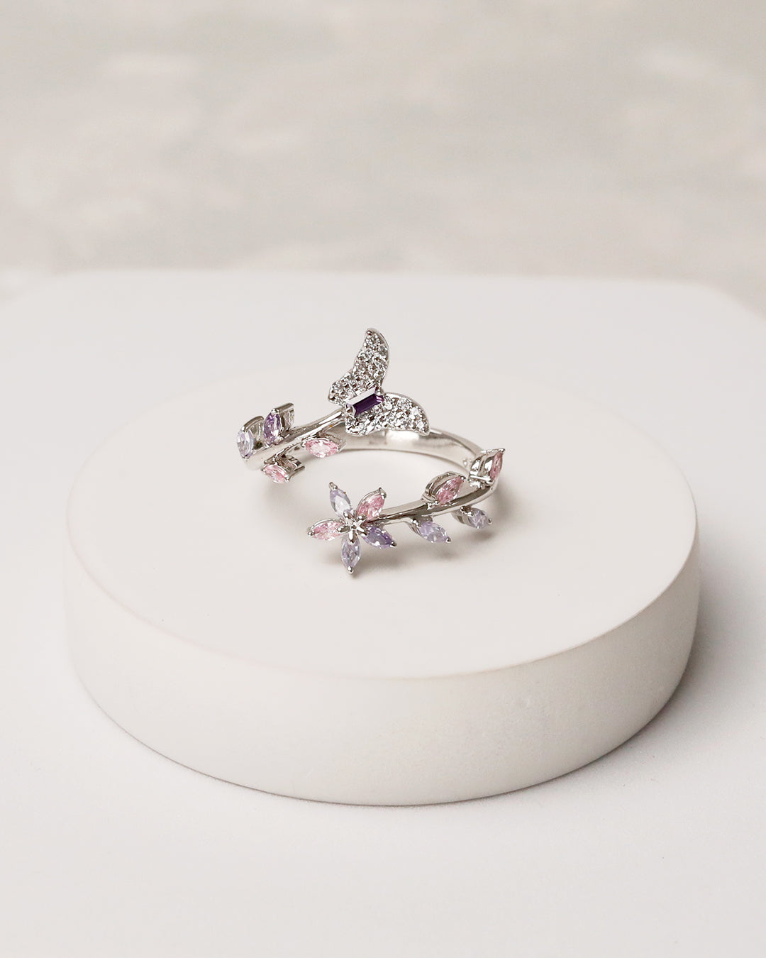 Pastel Butterfly CZ Flexi Cuff & Ring Set – 925 Silver
