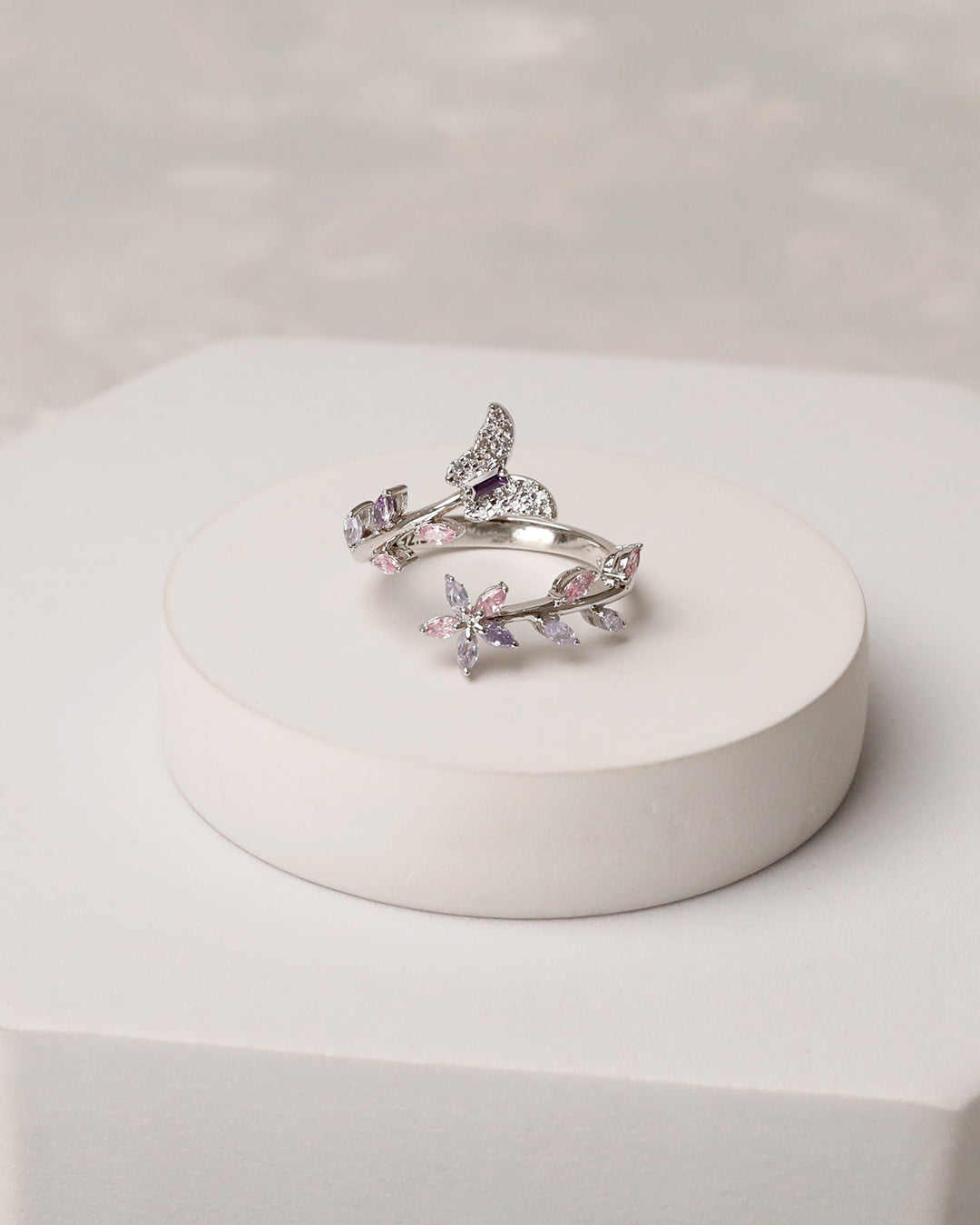 Pastel Butterfly CZ Flexi Cuff & Ring Set – 925 Silver