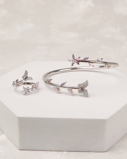 Pastel Butterfly CZ Flexi Cuff & Ring Set – 925 Silver
