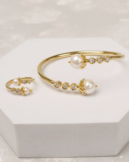 Pearl Line Open Cuff & Ring Set – 925 Silver