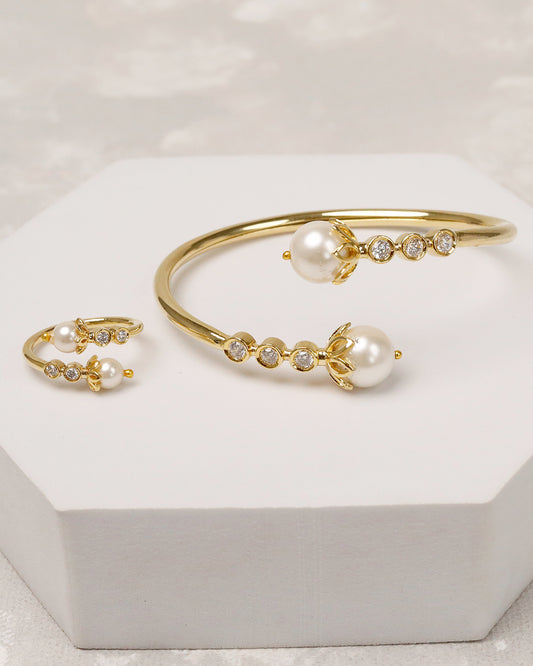 Pearl Line Open Cuff & Ring Set – 925 Silver