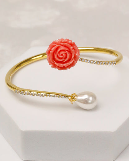 Coral Pearl Open Cuff & Ring Set – 925 Silver