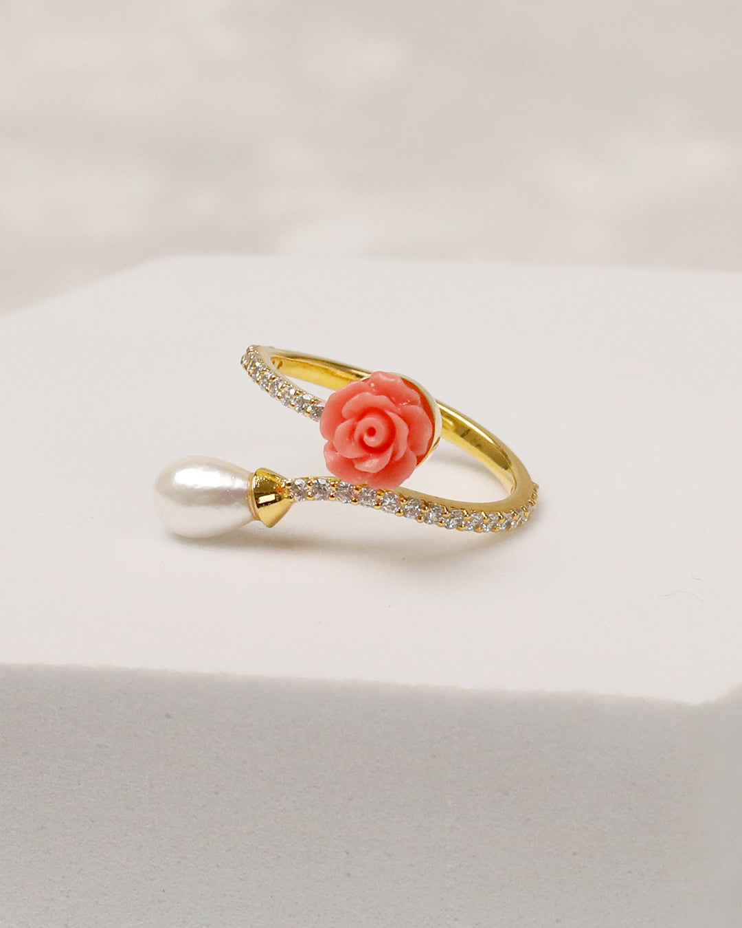 Coral Pearl Open Cuff & Ring Set – 925 Silver