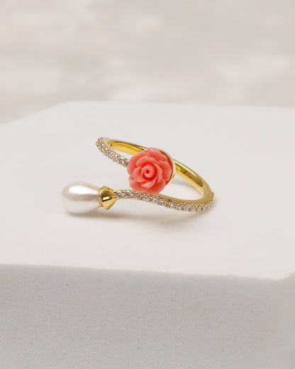 Coral Pearl Open Cuff & Ring Set – 925 Silver