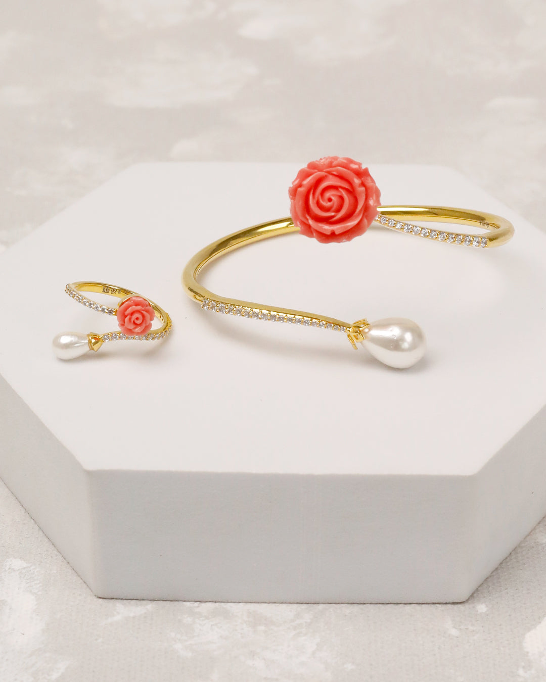 Coral Pearl Open Cuff & Ring Set – 925 Silver