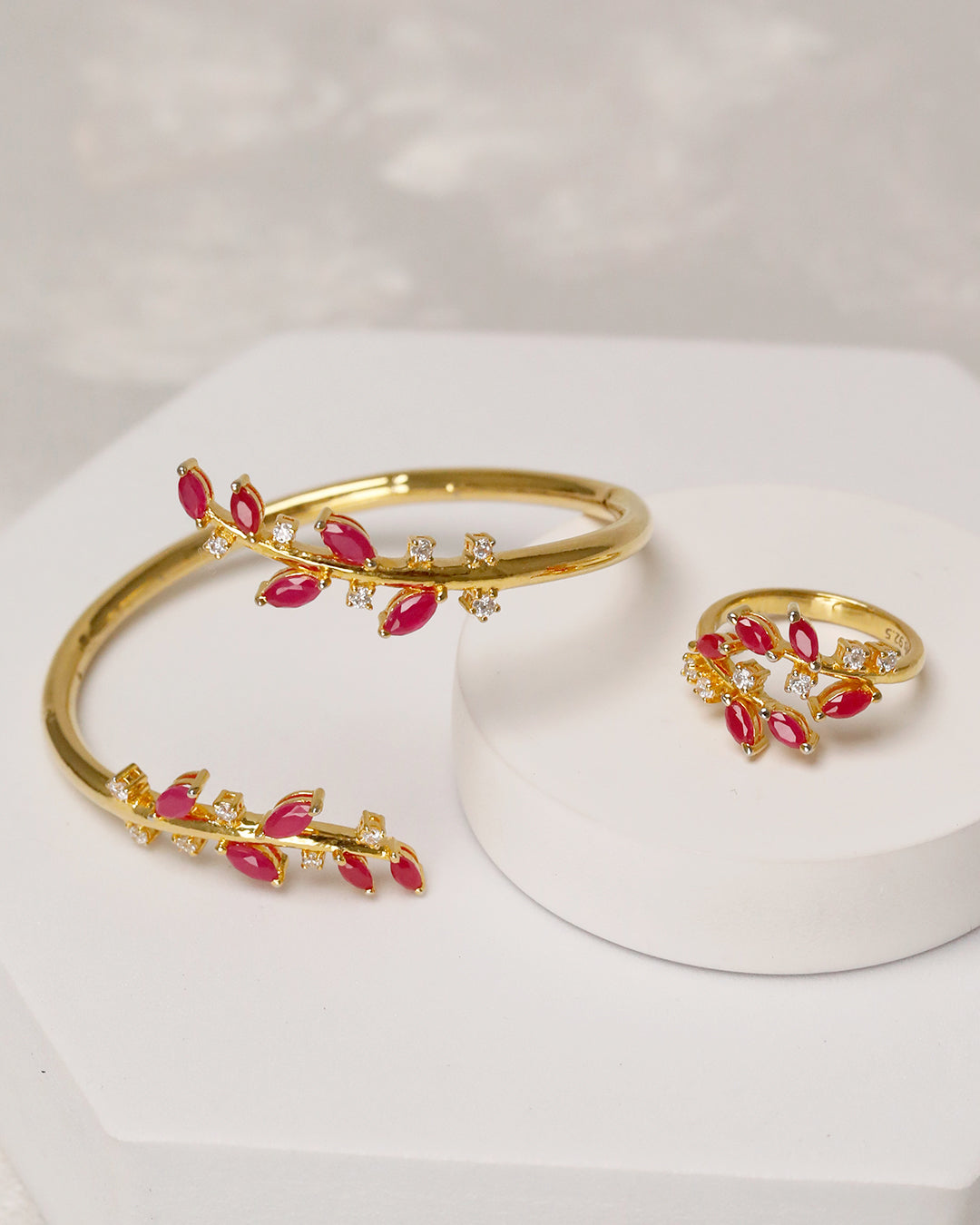 Ruby Marquise Open Cuff & Ring Set – 925 Silver