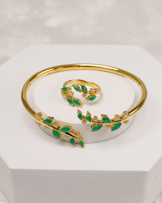 Green Marquise Open Cuff & Ring Set – 925 Silver