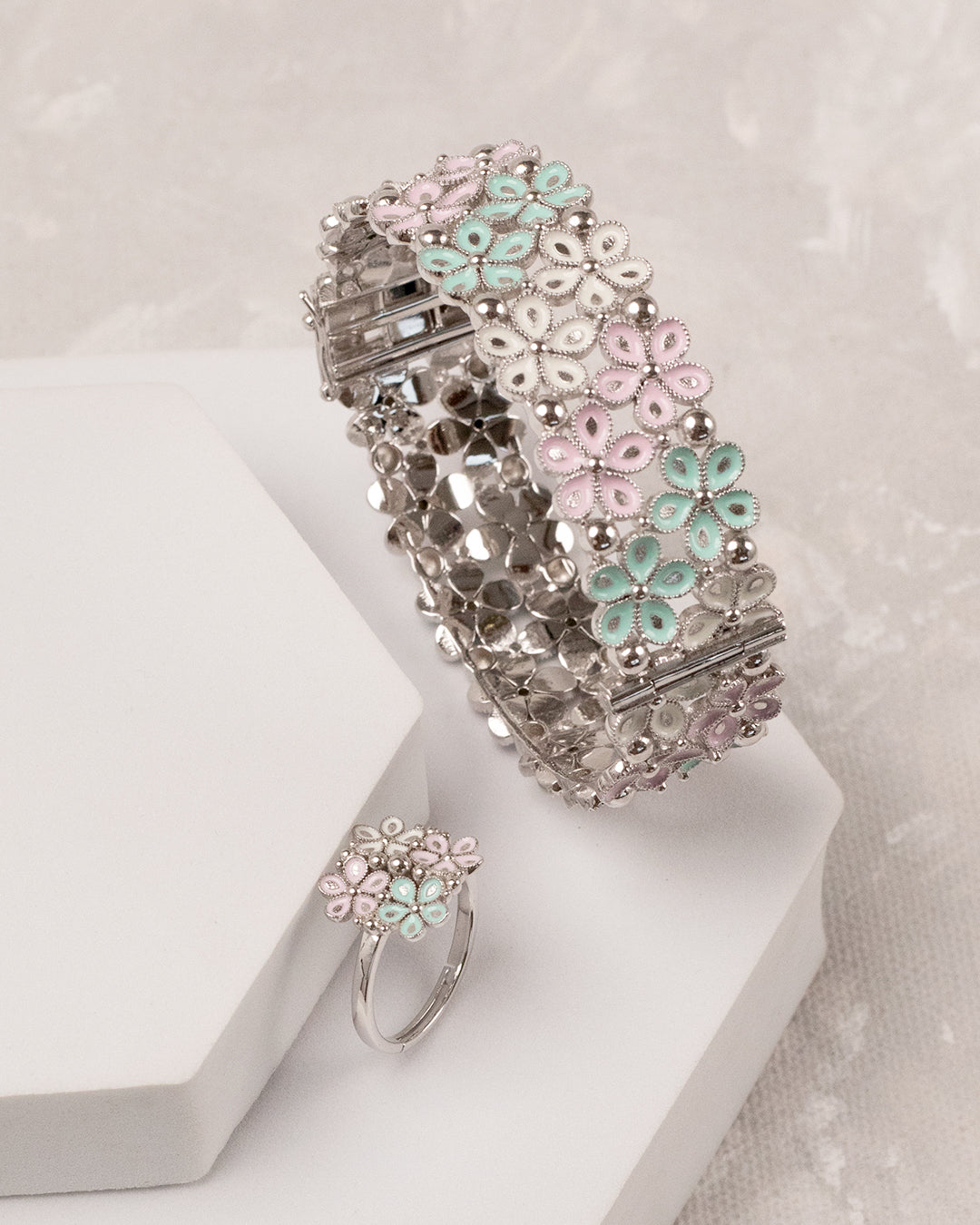 Pastel Blossom Open Bangle & Ring Set – 925 Silver