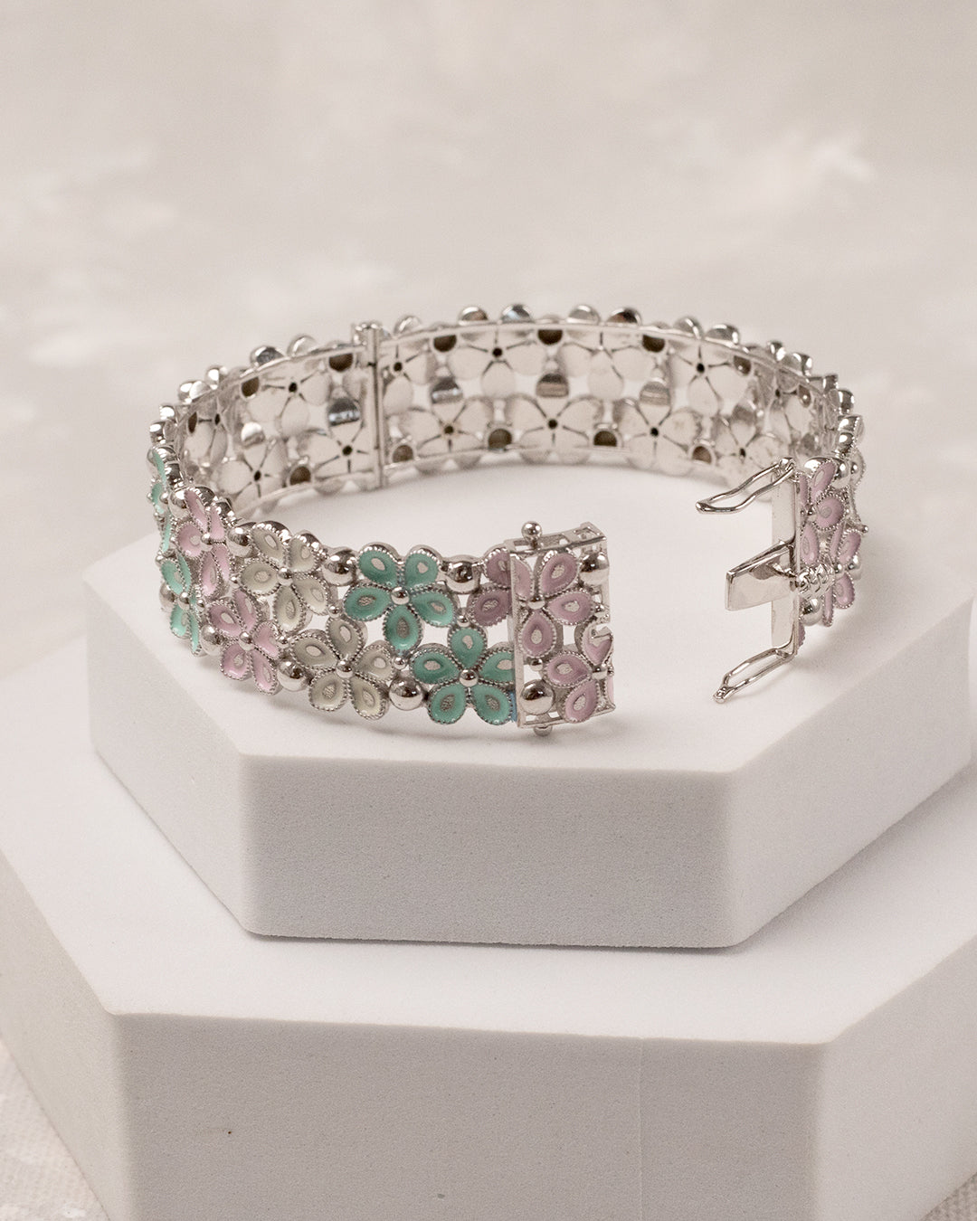 Pastel Blossom Open Bangle & Ring Set – 925 Silver