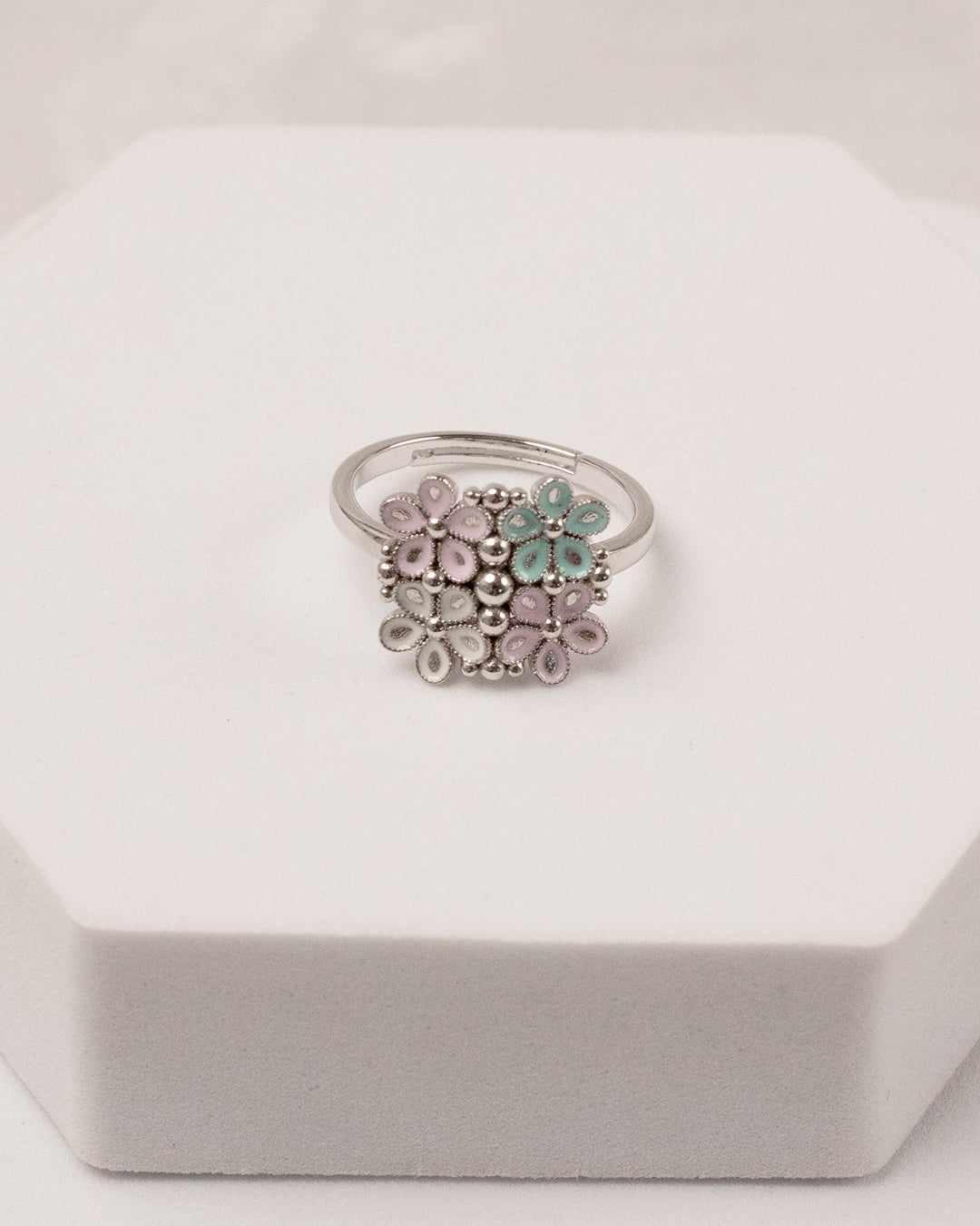 Pastel Blossom Open Bangle & Ring Set – 925 Silver