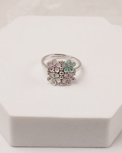 Pastel Blossom Open Bangle & Ring Set – 925 Silver