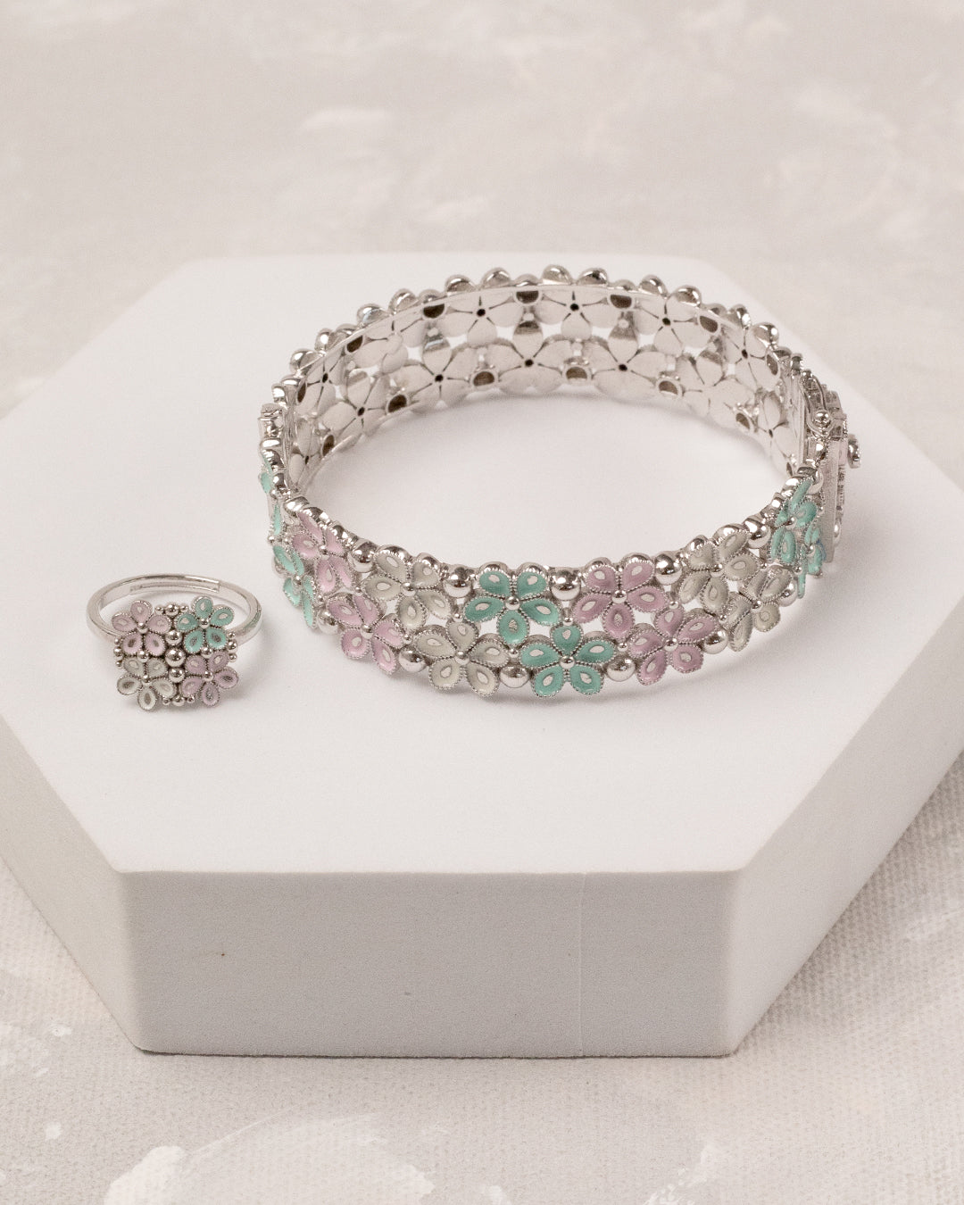 Pastel Blossom Open Bangle & Ring Set – 925 Silver