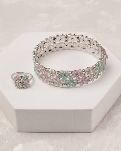 Pastel Blossom Open Bangle & Ring Set – 925 Silver