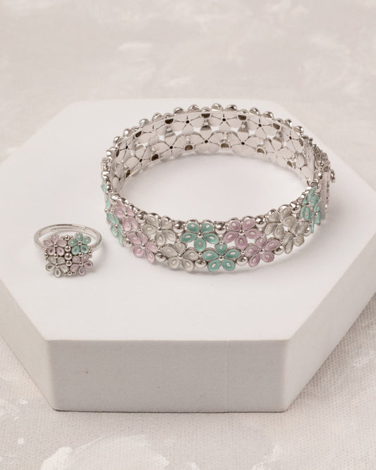 Pastel Blossom Open Bangle & Ring Set – 925 Silver