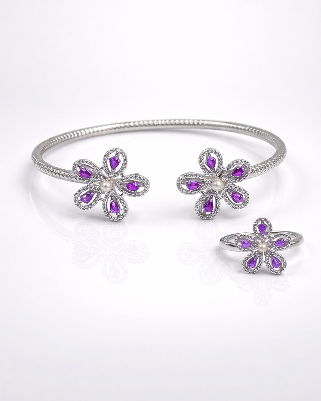 Amethsty Bloom Open Cuff Bangle – 925 Silver