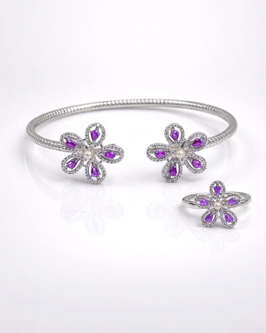 Amethsty Bloom Open Cuff Bangle – 925 Silver