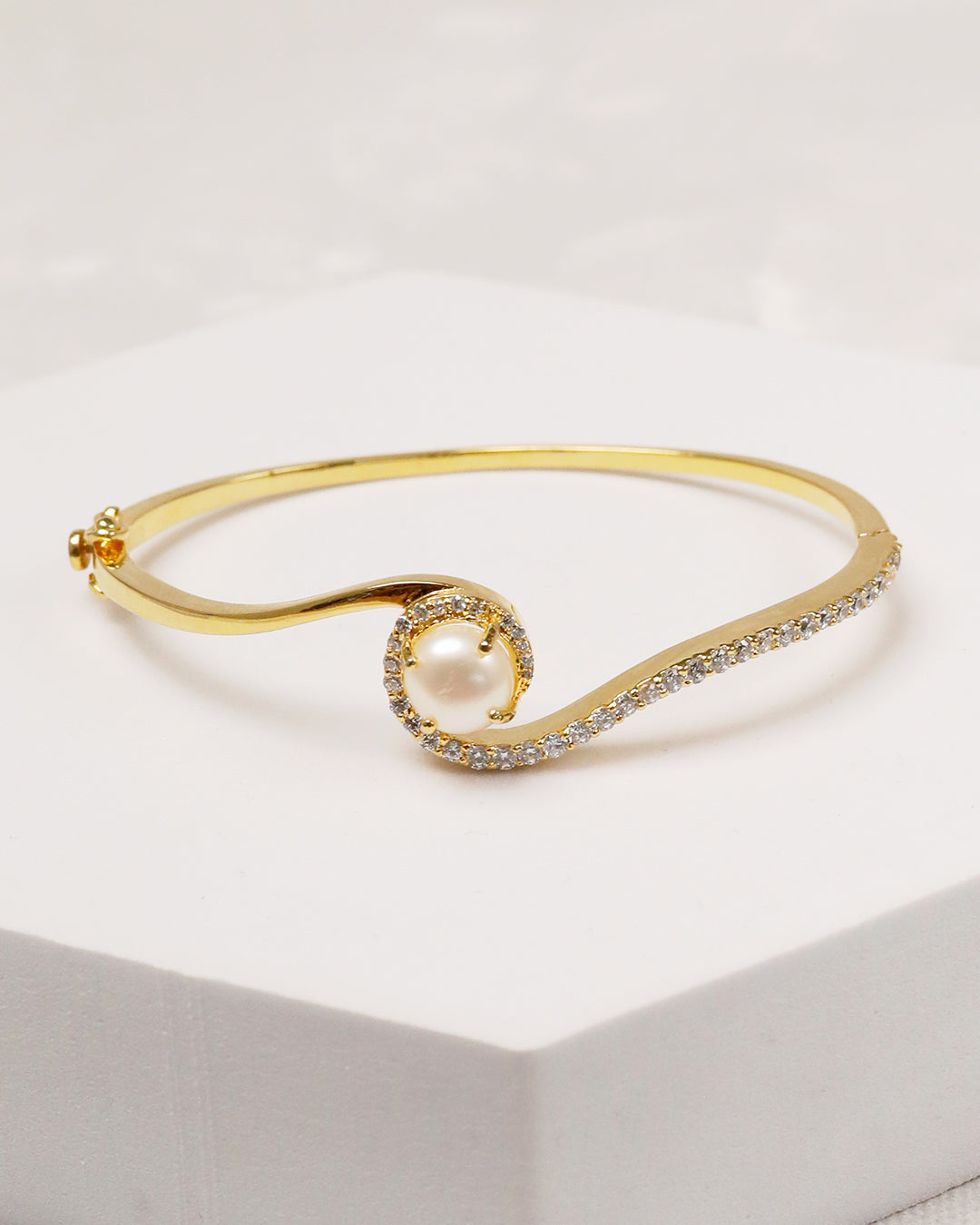 Sleek Pearl Open Cuff Bangle & Ring - 925 Silver