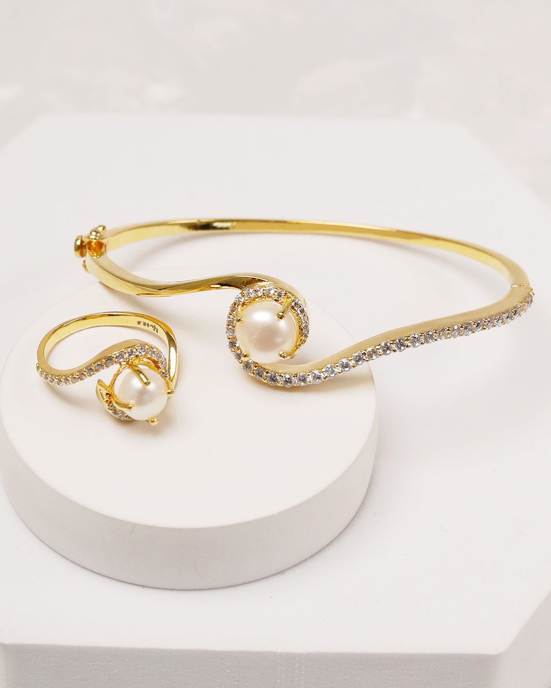 Sleek Pearl Open Cuff Bangle & Ring - 925 Silver