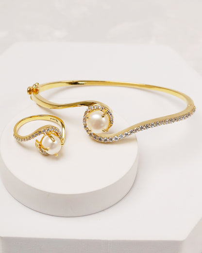 Sleek Pearl Open Cuff Bangle & Ring - 925 Silver
