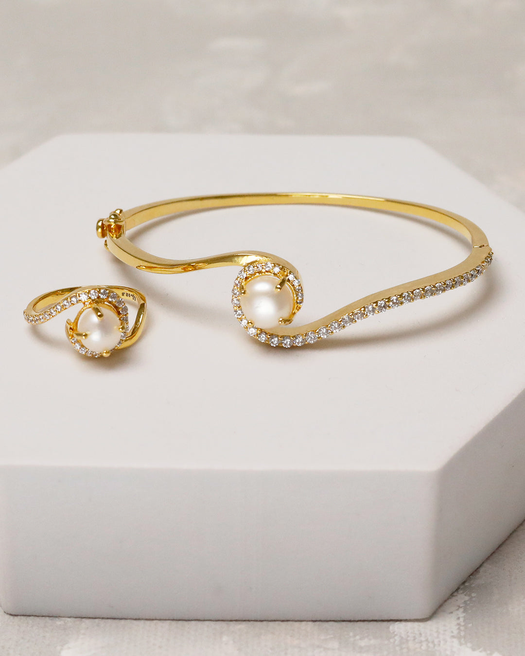 Sleek Pearl Open Cuff Bangle & Ring - 925 Silver
