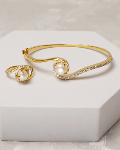 Sleek Pearl Open Cuff Bangle & Ring - 925 Silver