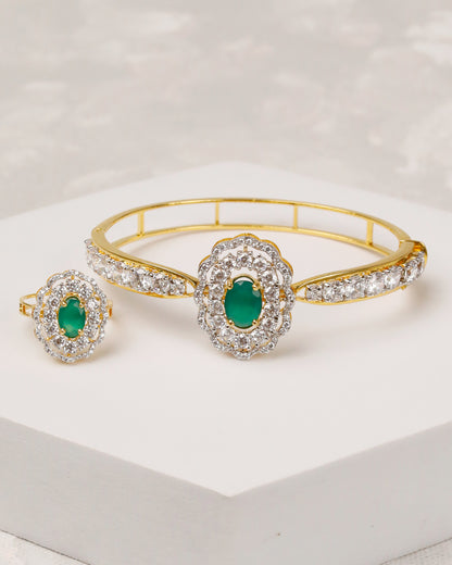 Scallop Green Open Cuff Bangle & Ring - 925 Silver