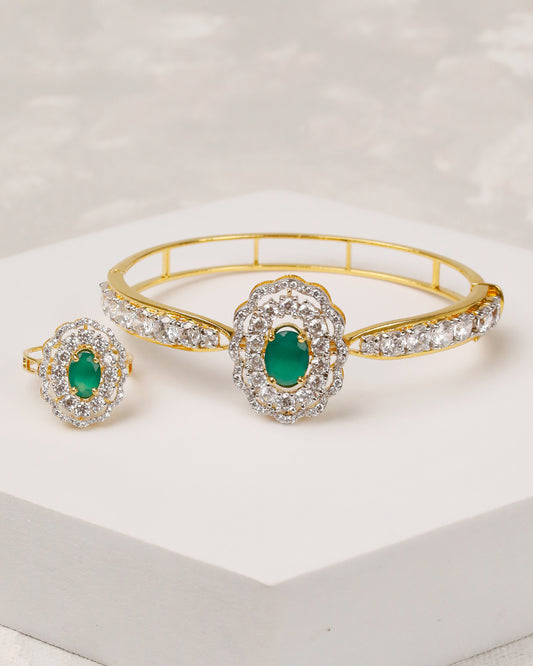 Scallop Green Open Cuff Bangle & Ring - 925 Silver