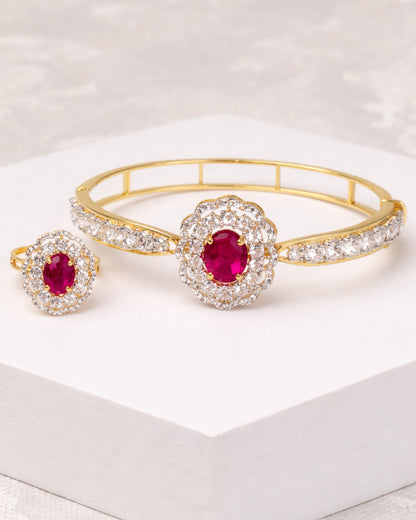 Scallop Ruby Open Cuff Bangle & Ring - 925 Silver