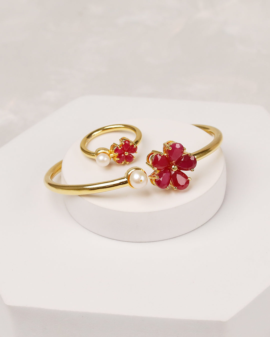 Blooming Ruby Pearl Flexi Cuff & Ring -925 Silver