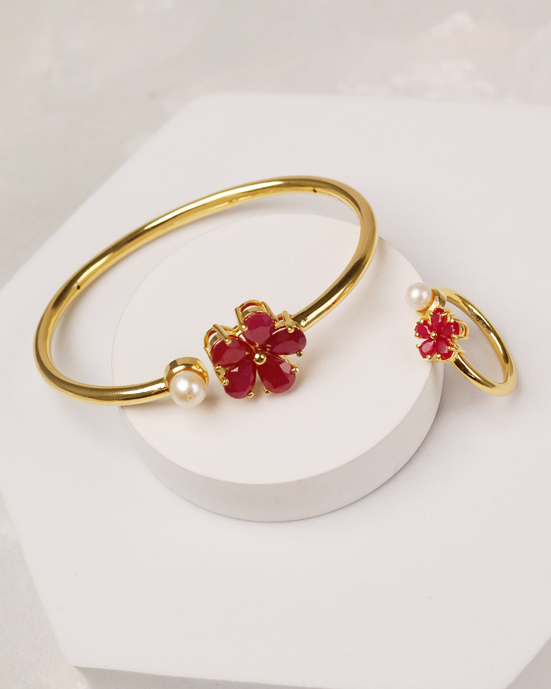 Blooming Ruby Pearl Flexi Cuff & Ring -925 Silver