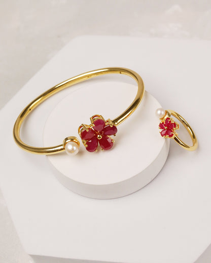 Blooming Ruby Pearl Flexi Cuff & Ring -925 Silver