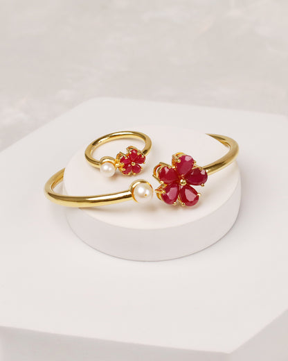 Blooming Ruby Pearl Flexi Cuff & Ring -925 Silver