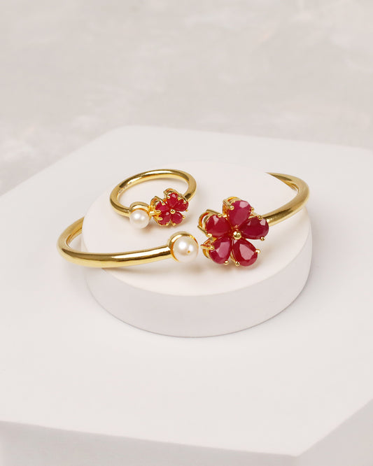 Blooming Ruby Pearl Flexi Cuff & Ring -925 Silver
