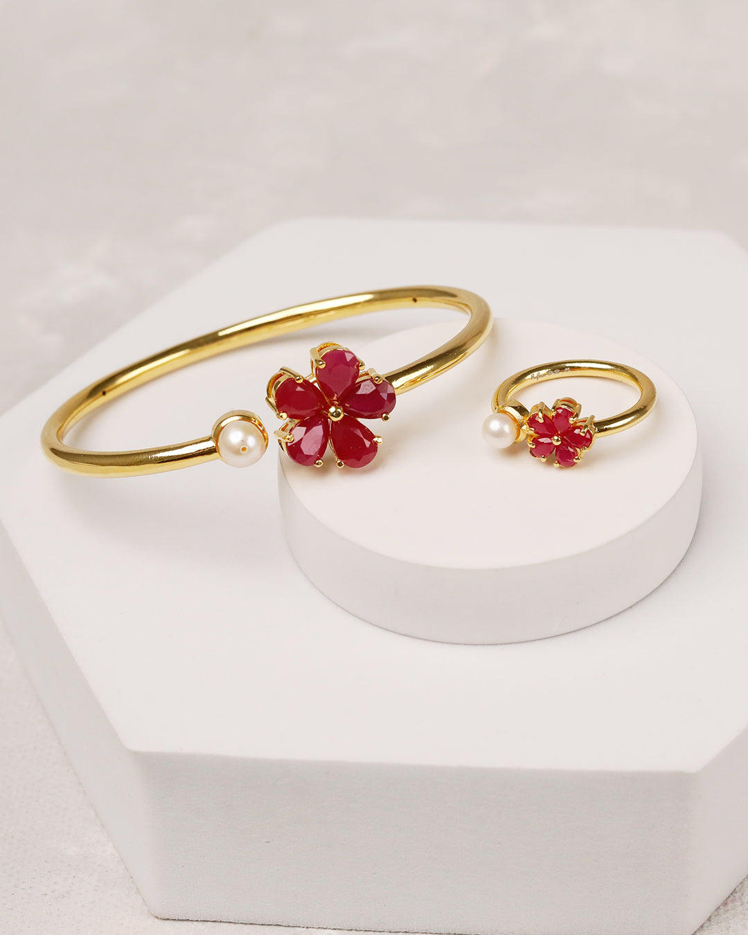 Blooming Ruby Pearl Flexi Cuff & Ring -925 Silver