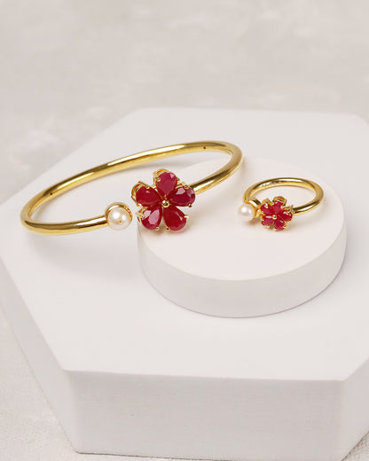 Blooming Ruby Pearl Flexi Cuff & Ring -925 Silver