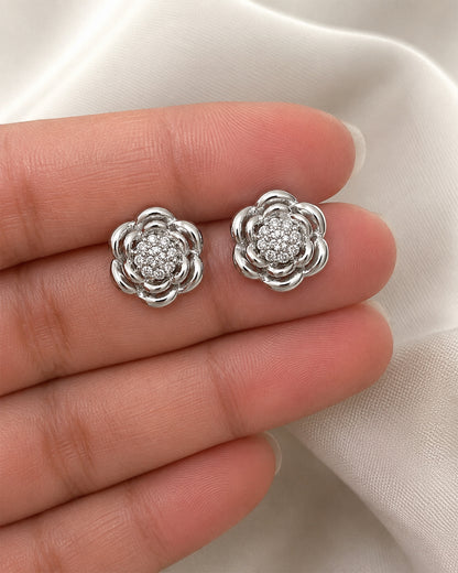 Camellia Flower CZ Cluster Stud Earrings – 925 Silver