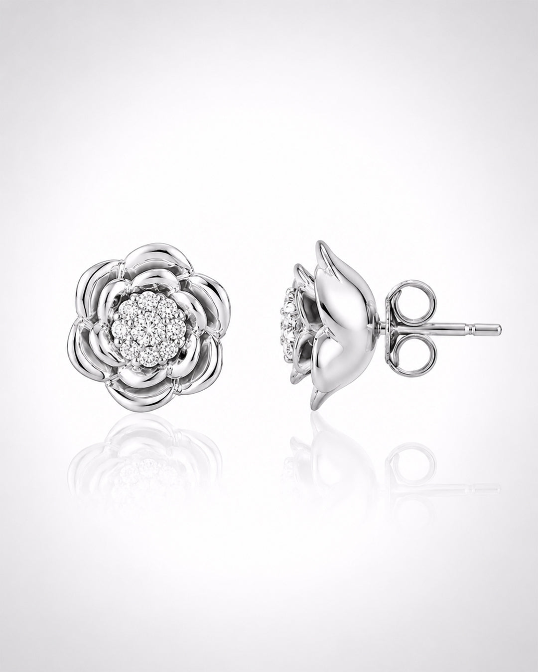 Camellia Flower CZ Cluster Stud Earrings – 925 Silver