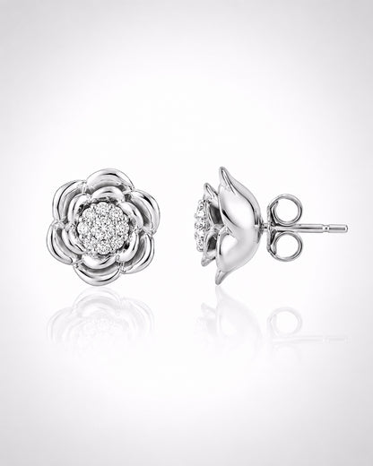 Camellia Flower CZ Cluster Stud Earrings – 925 Silver