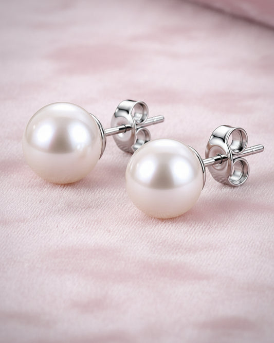 Classic Round Freshwater Pearl Stud Earrings – 925 Silver