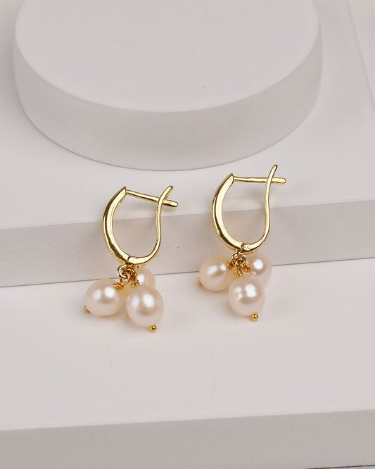 Triple Freshwater Pearl Cluster Huggie Earrings – Gold Plated 925 Silver