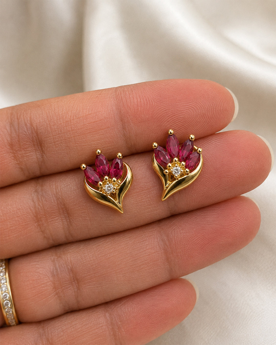 Ruby CZ Marquise Tulip Floral Stud Earrings – Gold Plated 925 Silver